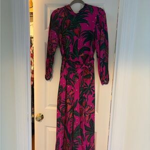 Anthropologie Fuchsia Tropical-Print Maxi Wrap jumpsuit
